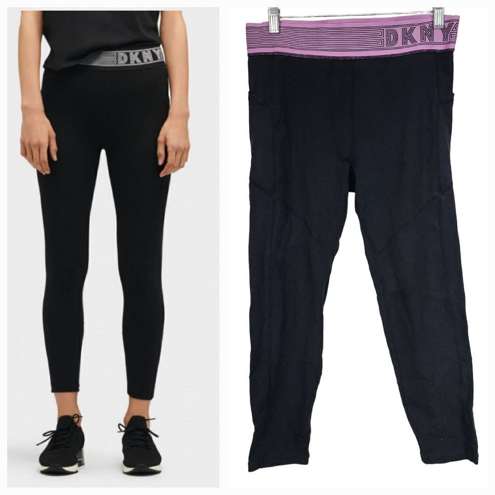 DKNY Sport High Waist Compression Leggings Side Pockets Track Logo Black/Pink L - Picture 1 of 12